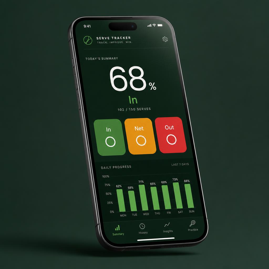 AceTheServe app on a phone showing live serve percentage and daily progress chart